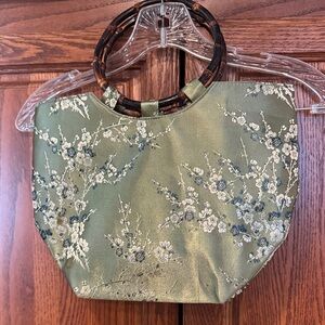 Oriental Green Floral Embroidered Handbag with Bamboo Handles- like NEW!